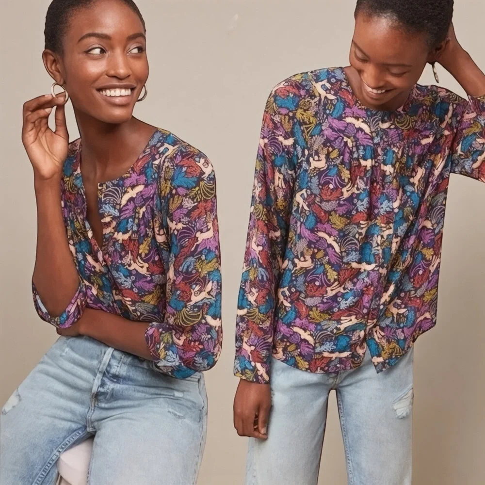 52 Conversations by Anthropologie Women’s Forest Friends Blouse In US Size 4